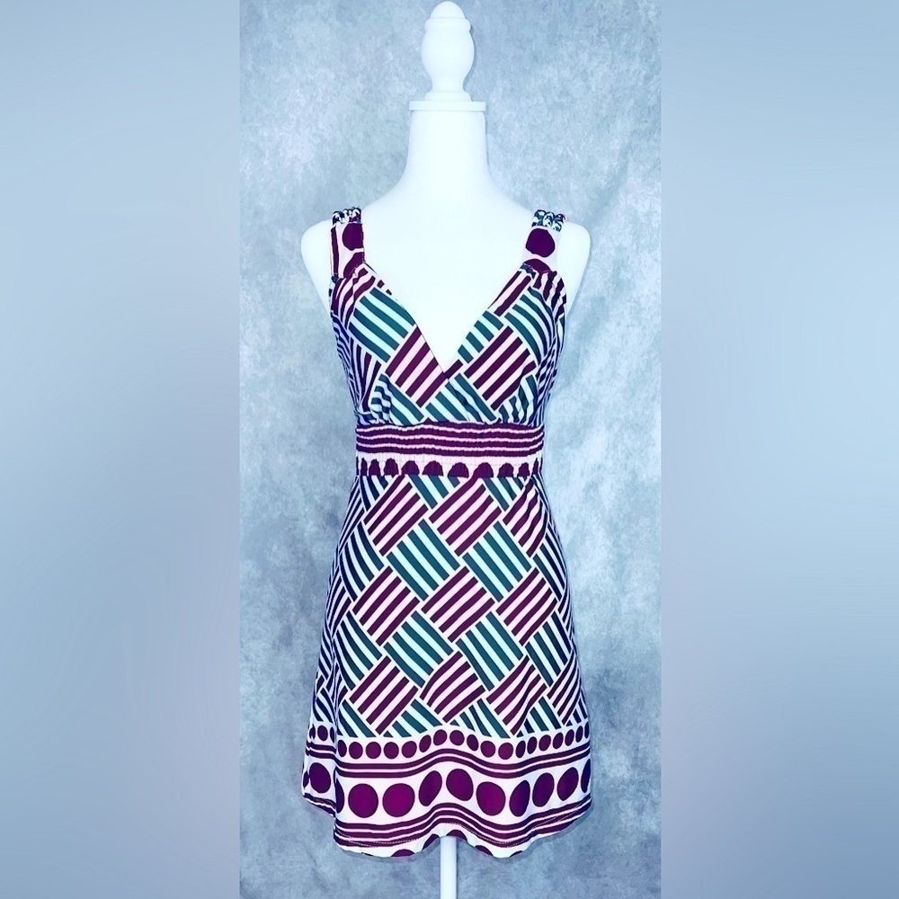 Dark Teal and Cranberry Print Mini Dress with Braided Straps Sz Small by EQ:IQ